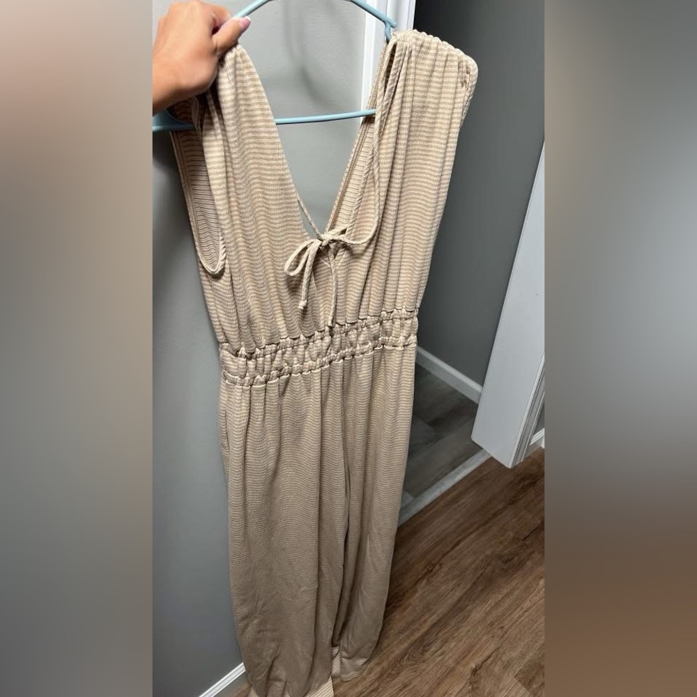 Back tie tan stripe pants jumpsuit